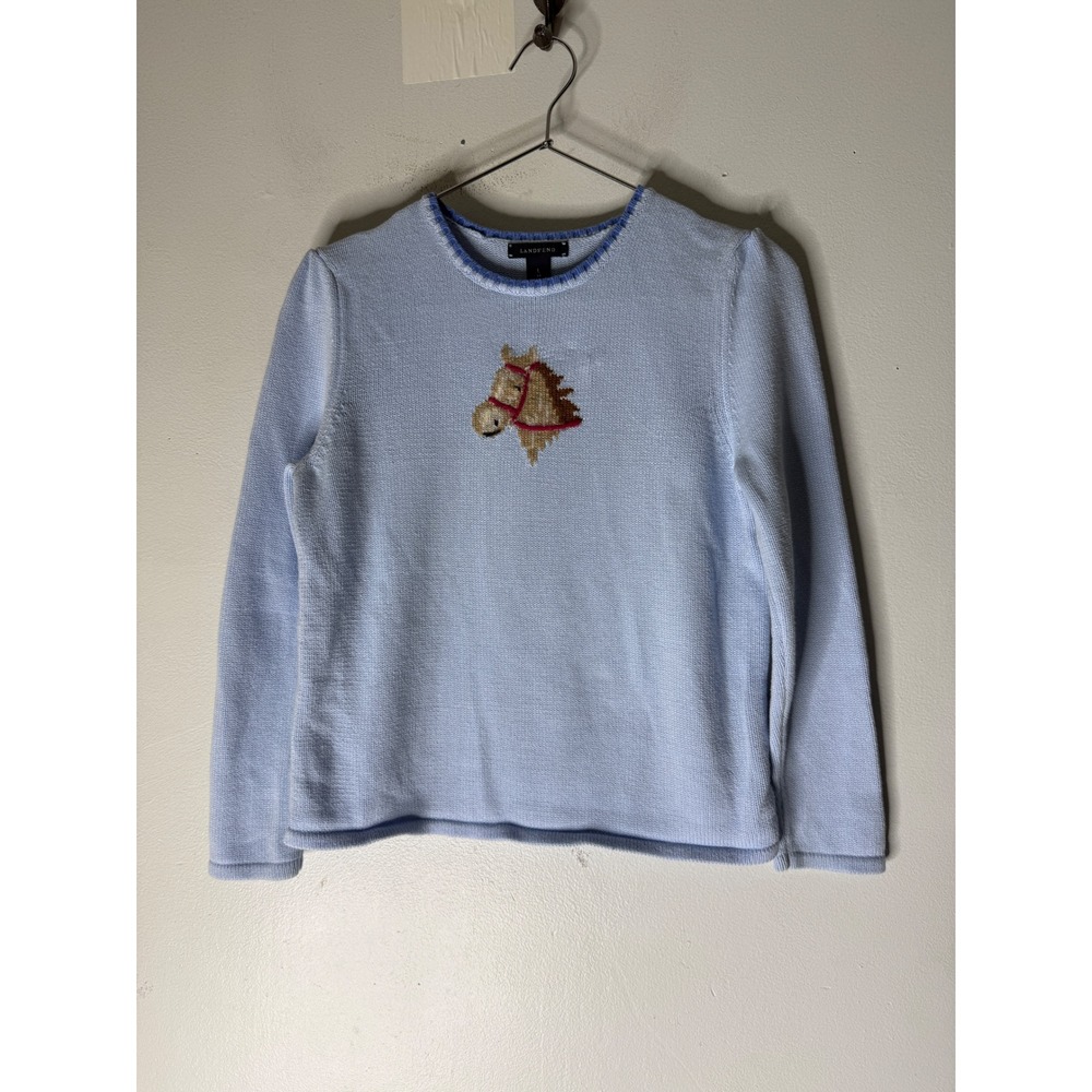 Lands end blue cotton crew neck sweater horse embroidered large 14